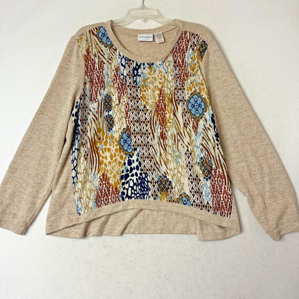 Alfred Dunner Womens XL Beige Mixed Media Knit Top Paisley Animal Print Studded